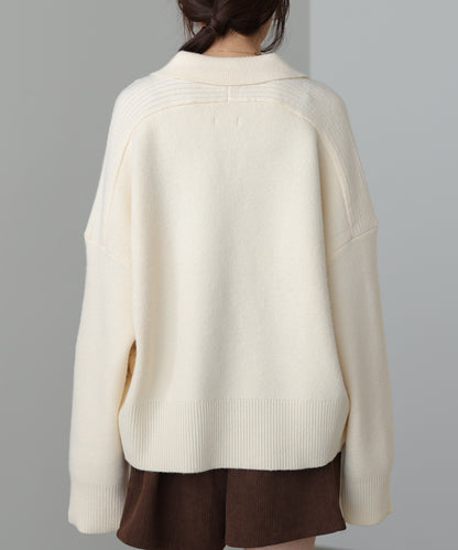 襟付きリブ切替サイドドロストニットトップス