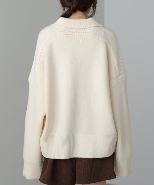 襟付きリブ切替サイドドロストニットトップス