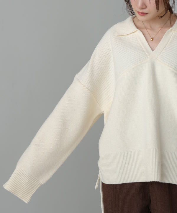 襟付きリブ切替サイドドロストニットトップス