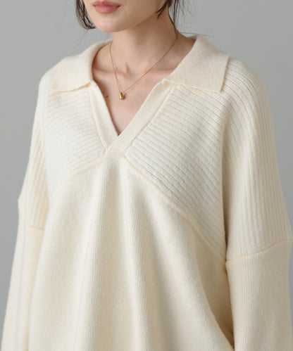 襟付きリブ切替サイドドロストニットトップス