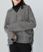 襟付きリブ切替サイドドロストニットトップス