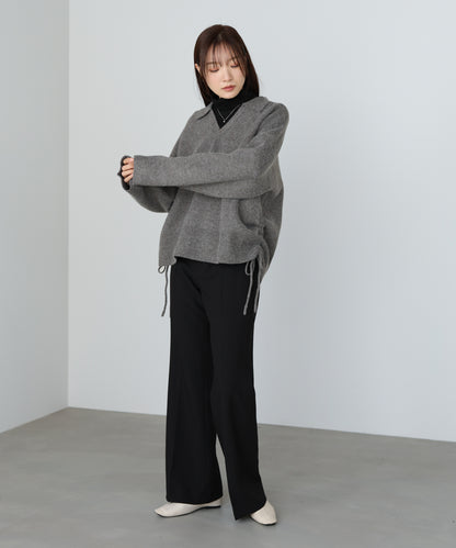 襟付きリブ切替サイドドロストニットトップス