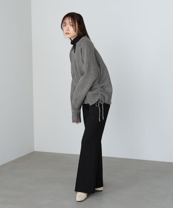 襟付きリブ切替サイドドロストニットトップス