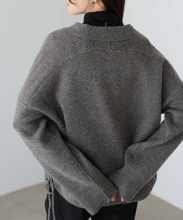 襟付きリブ切替サイドドロストニットトップス