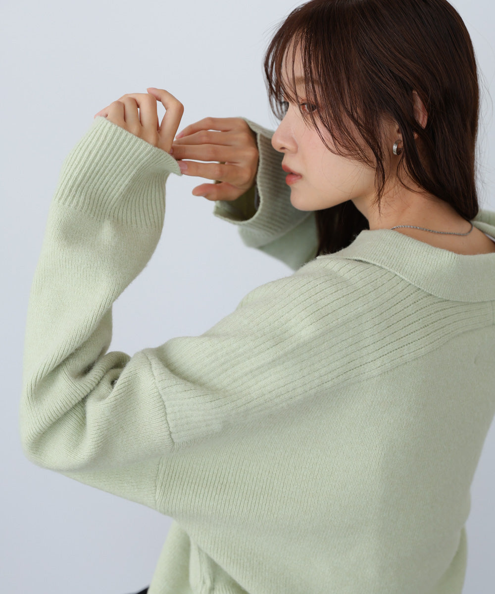 襟付きリブ切替サイドドロストニットトップス