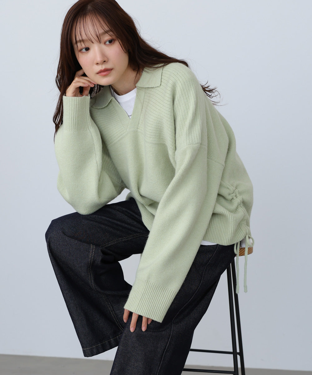 襟付きリブ切替サイドドロストニットトップス