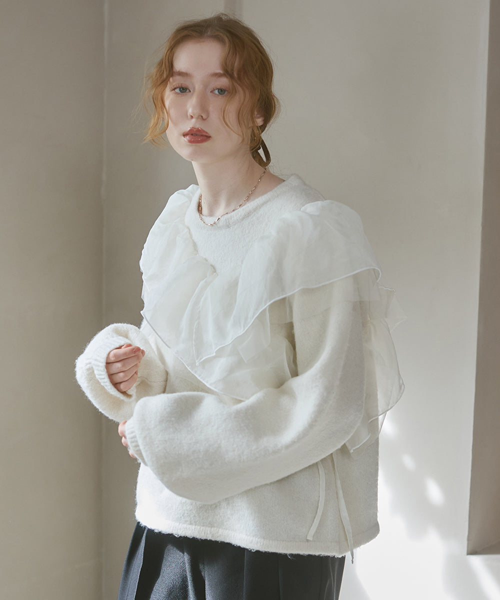 アシンメトリーフリルニットトップス