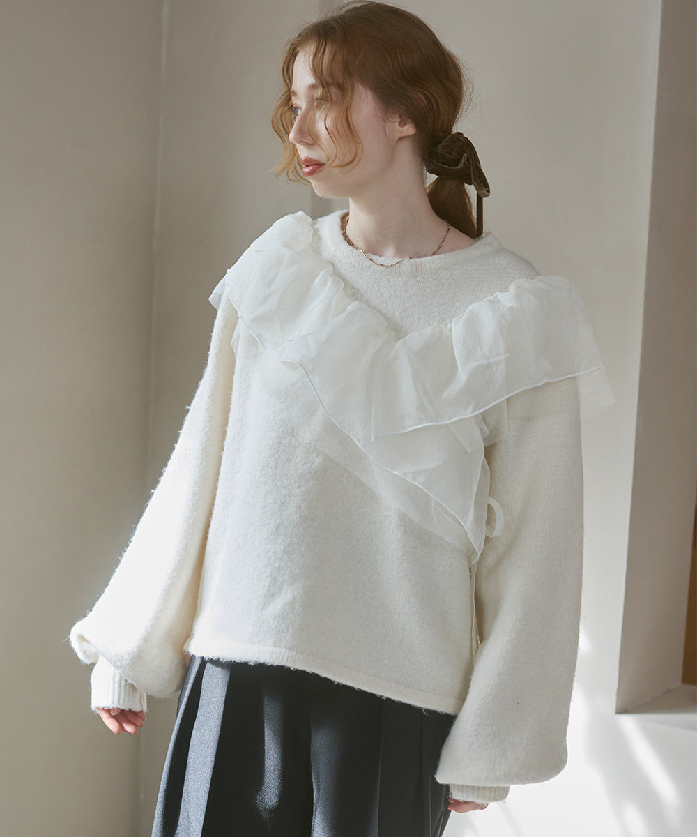 アシンメトリーフリルニットトップス