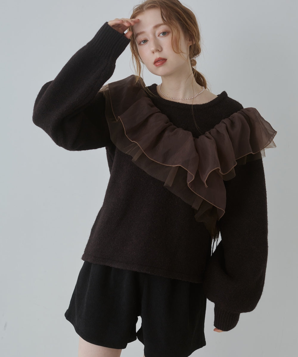 アシンメトリーフリルニットトップス