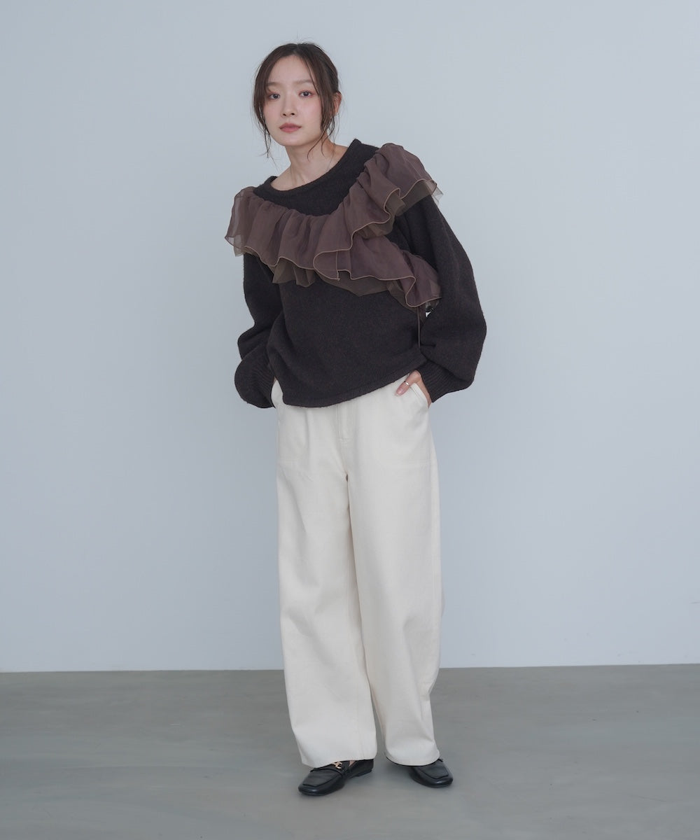 アシンメトリーフリルニットトップス