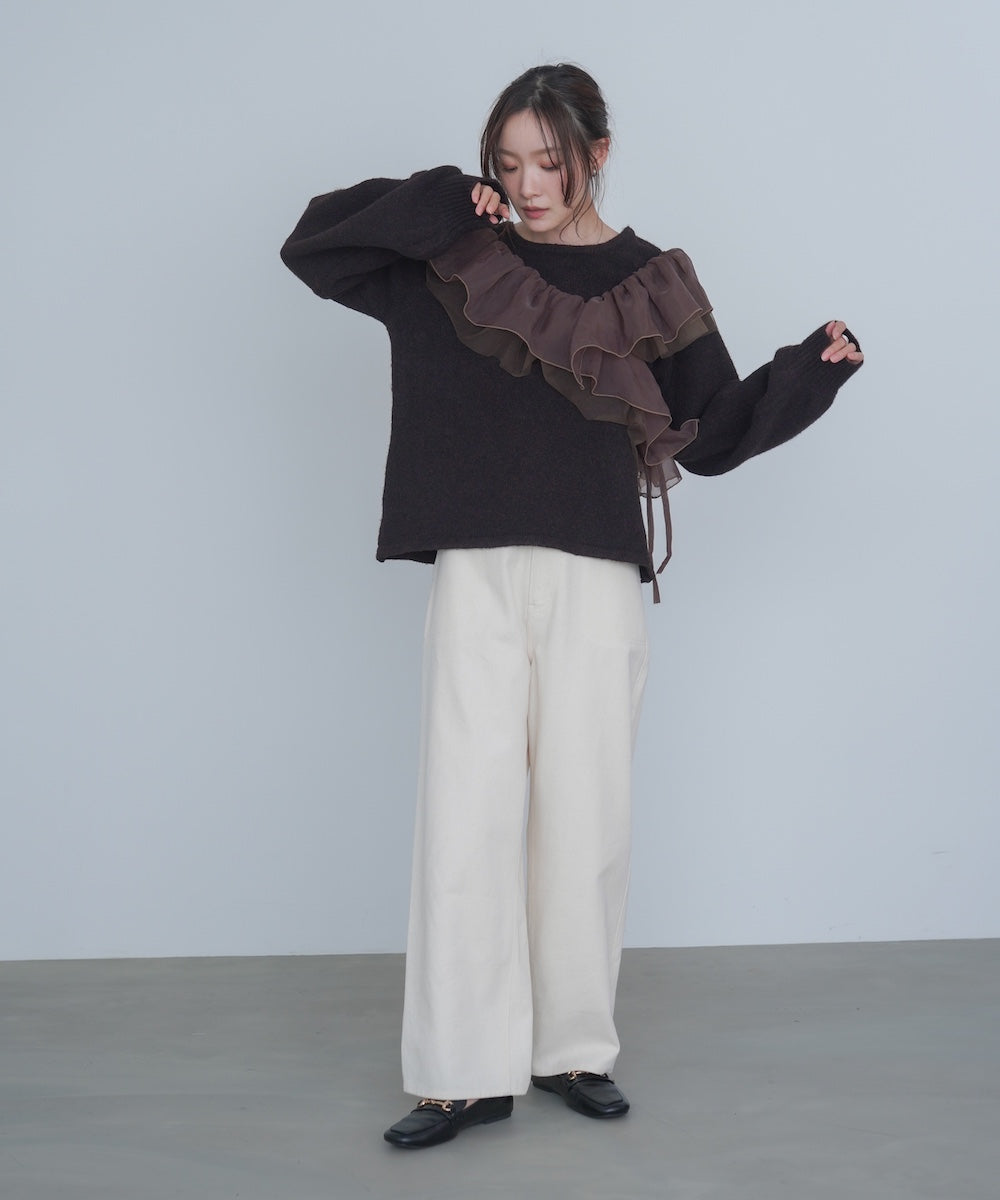 アシンメトリーフリルニットトップス