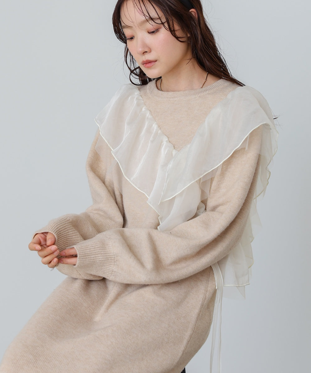 【S・M・Lサイズ】アシンメトリーフリルニットワンピース