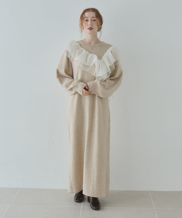 【S・M・Lサイズ】アシンメトリーフリルニットワンピース