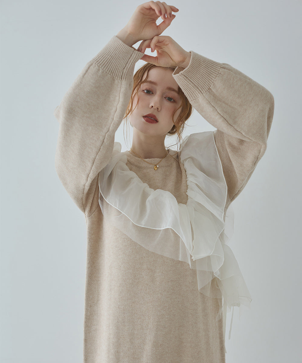 【S・M・Lサイズ】アシンメトリーフリルニットワンピース