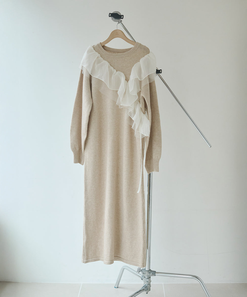 【S・M・Lサイズ】アシンメトリーフリルニットワンピース