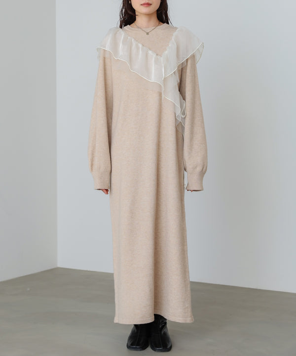 【S・M・Lサイズ】アシンメトリーフリルニットワンピース