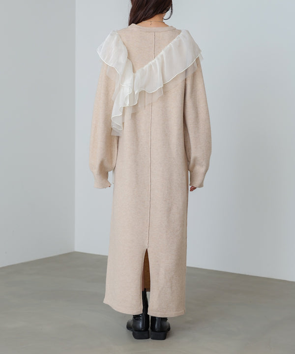 【S・M・Lサイズ】アシンメトリーフリルニットワンピース