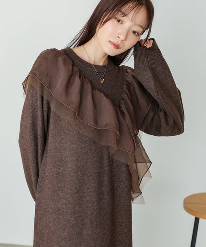 【S・M・Lサイズ】アシンメトリーフリルニットワンピース