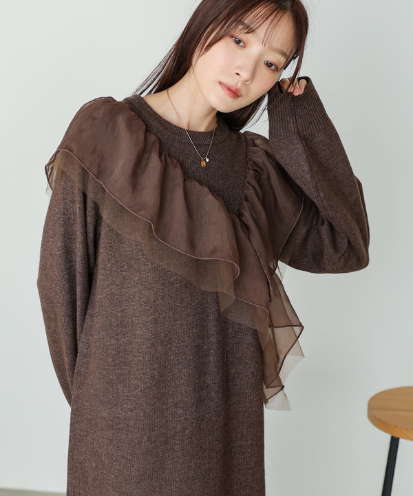 【S・M・Lサイズ】アシンメトリーフリルニットワンピース
