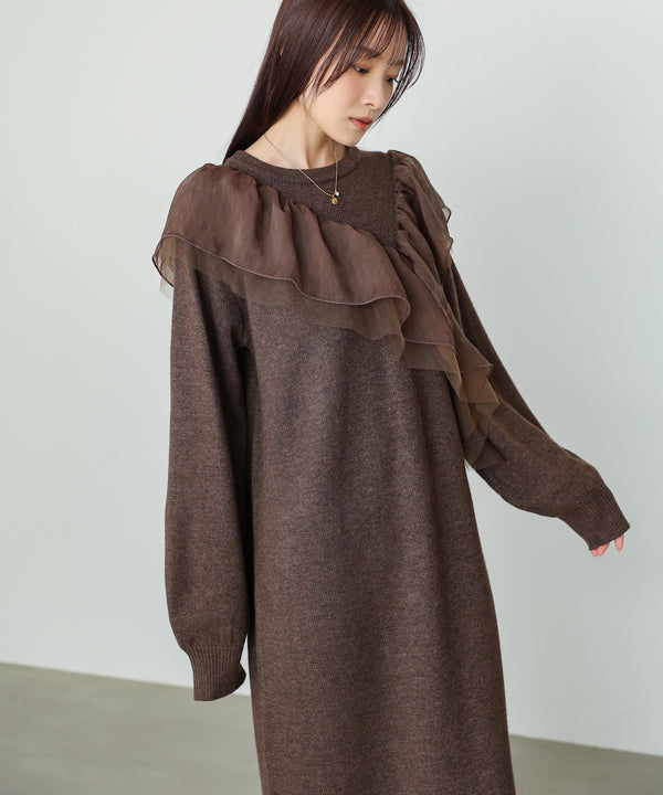 【S・M・Lサイズ】アシンメトリーフリルニットワンピース