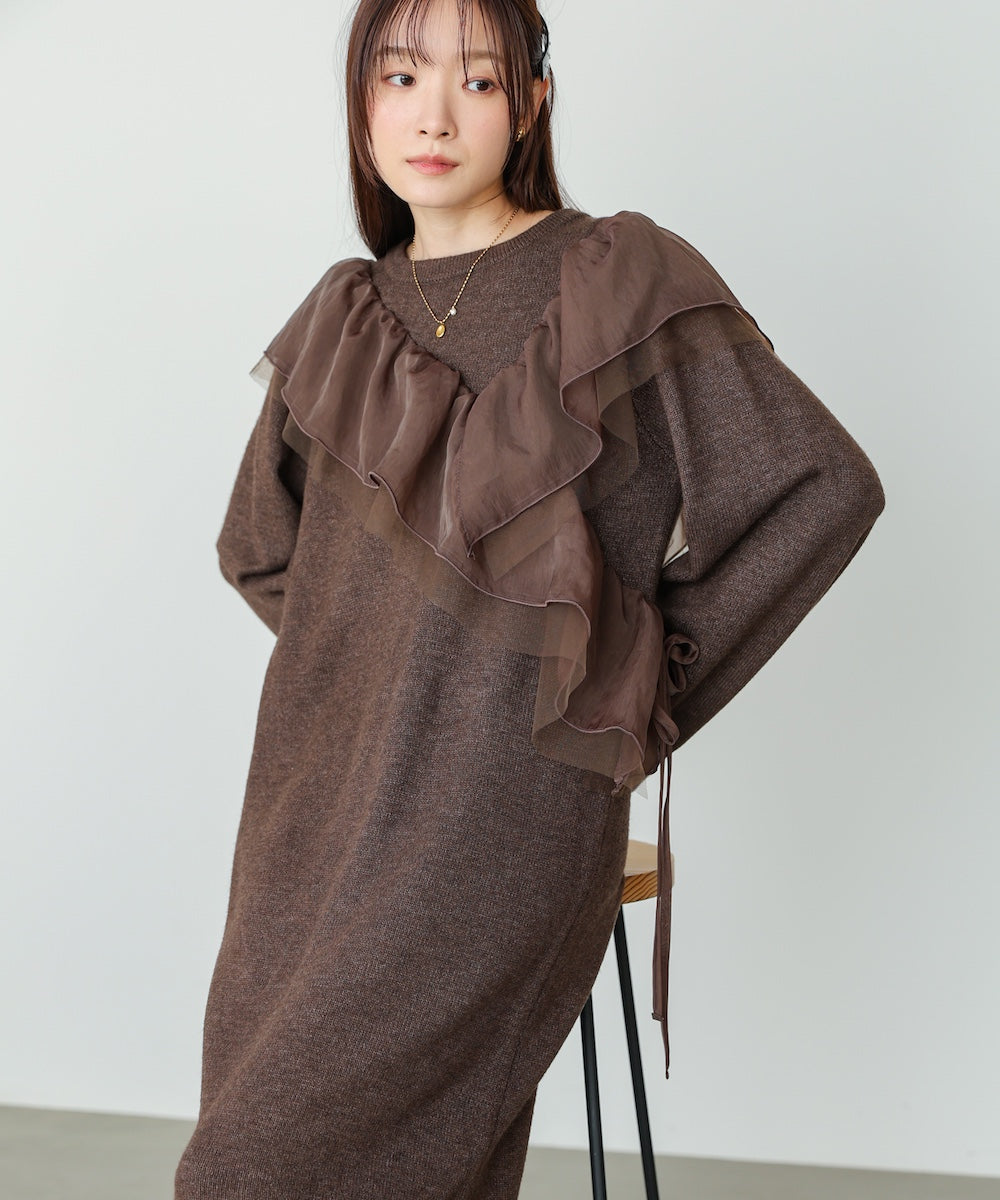 【S・M・Lサイズ】アシンメトリーフリルニットワンピース