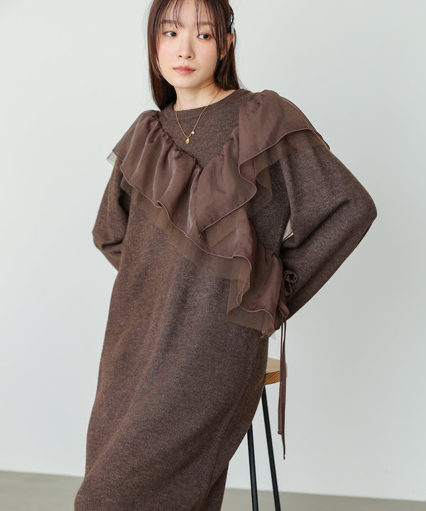 【S・M・Lサイズ】アシンメトリーフリルニットワンピース