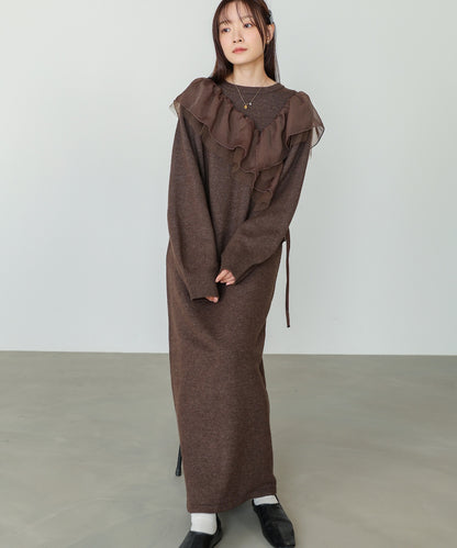 【S・M・Lサイズ】アシンメトリーフリルニットワンピース