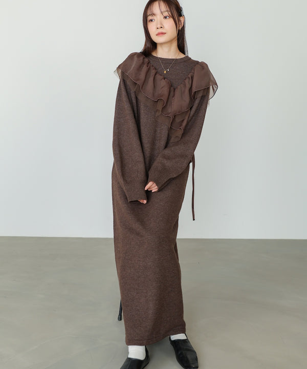 【S・M・Lサイズ】アシンメトリーフリルニットワンピース