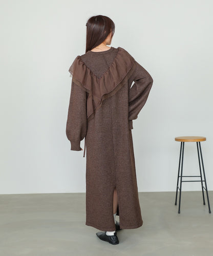 【S・M・Lサイズ】アシンメトリーフリルニットワンピース