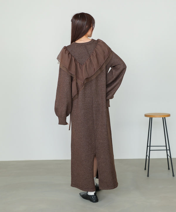 【S・M・Lサイズ】アシンメトリーフリルニットワンピース