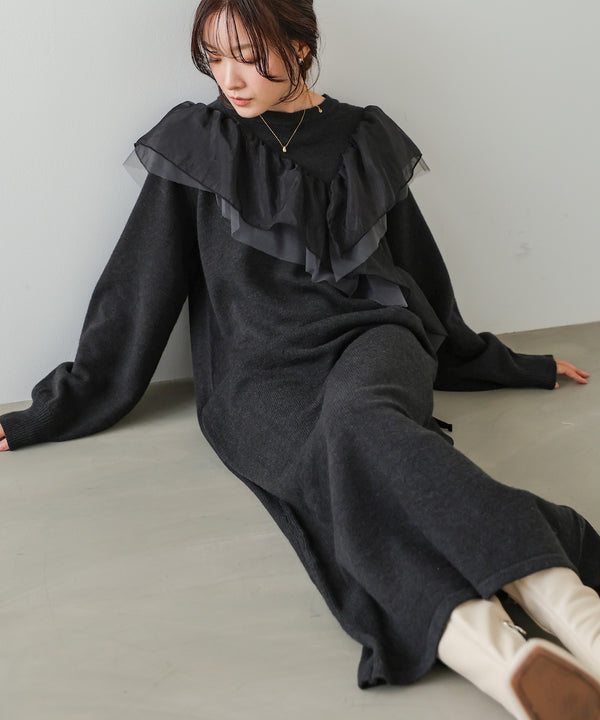 【S・M・Lサイズ】アシンメトリーフリルニットワンピース