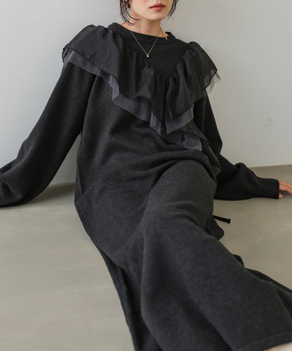 【S・M・Lサイズ】アシンメトリーフリルニットワンピース
