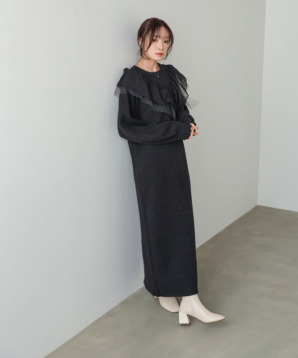 【S・M・Lサイズ】アシンメトリーフリルニットワンピース