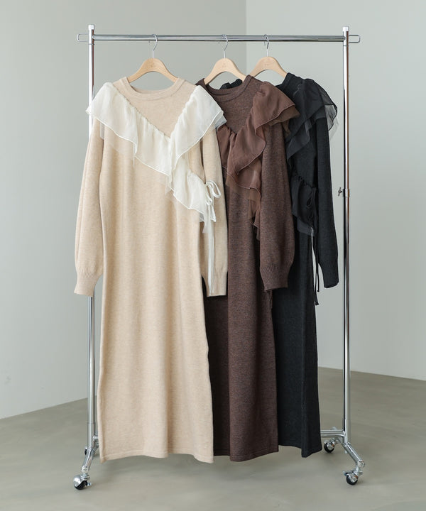 【S・M・Lサイズ】アシンメトリーフリルニットワンピース