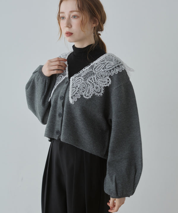 レース衿付きショートニットカーディガン