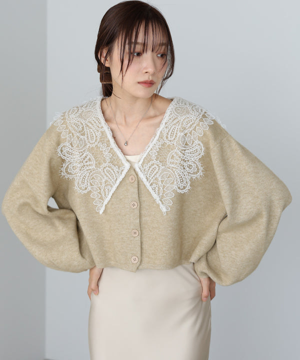 レース衿付きショートニットカーディガン