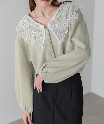 レース衿付きショートニットカーディガン