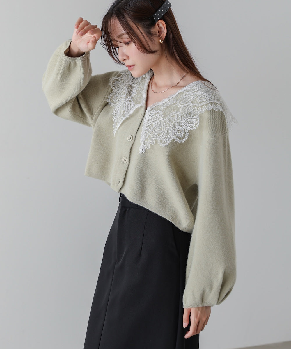 レース衿付きショートニットカーディガン – Bab