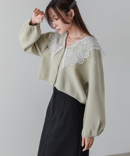 レース衿付きショートニットカーディガン