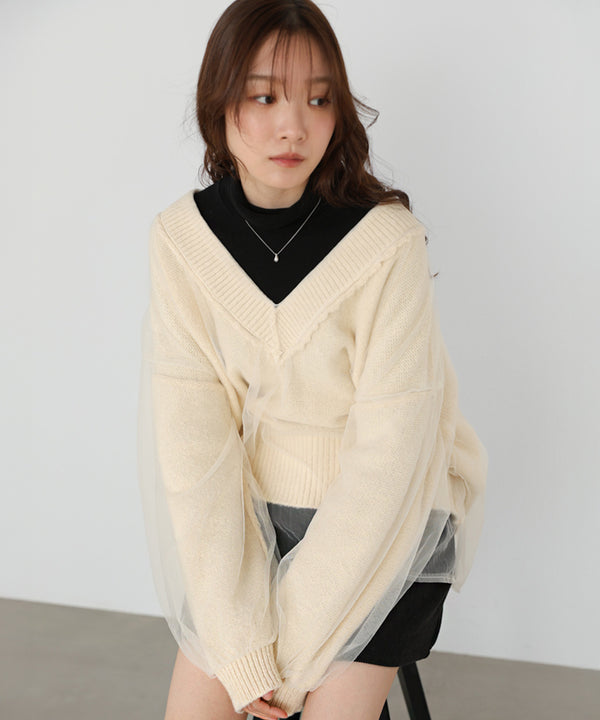 リバーシブルチュールレイヤードニット