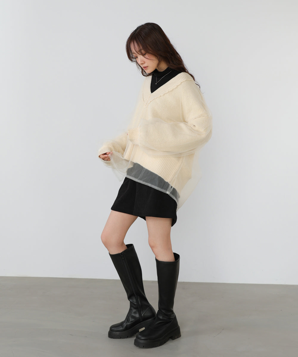 リバーシブルチュールレイヤードニット