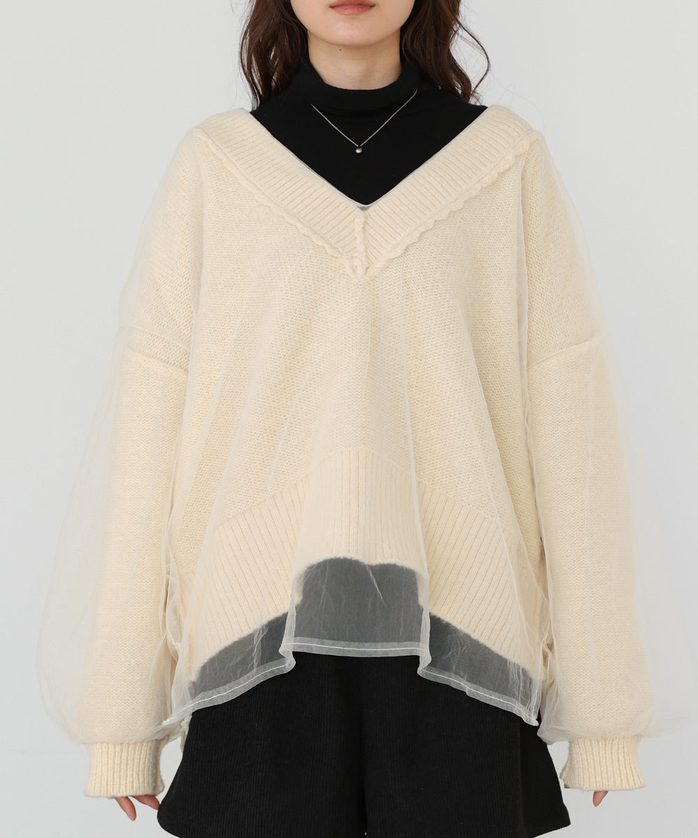 リバーシブルチュールレイヤードニット