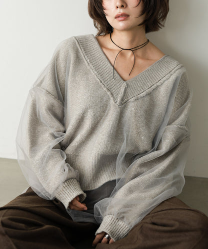 リバーシブルチュールレイヤードニット