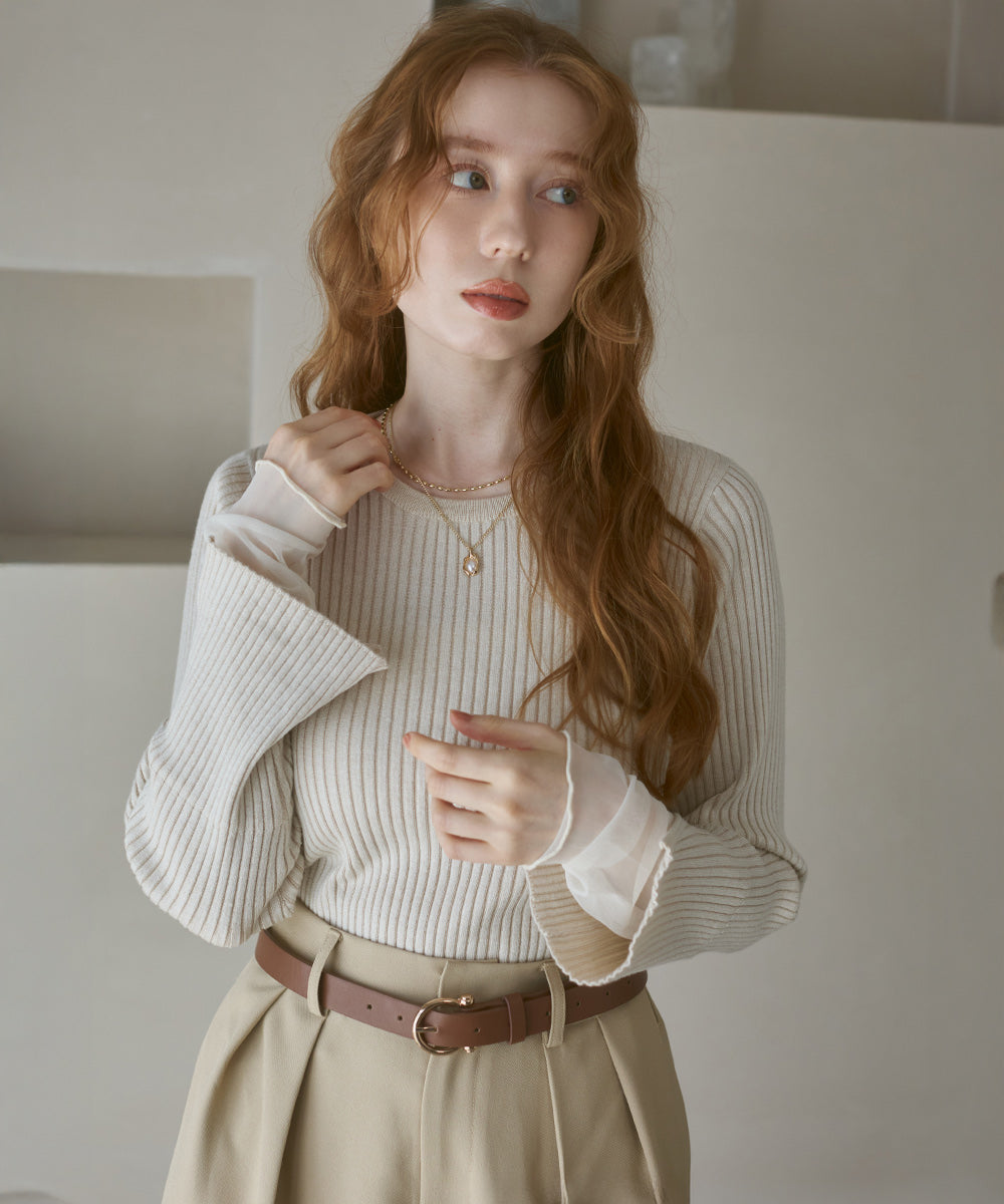 【選べるネック】チュールレイヤードリブニット