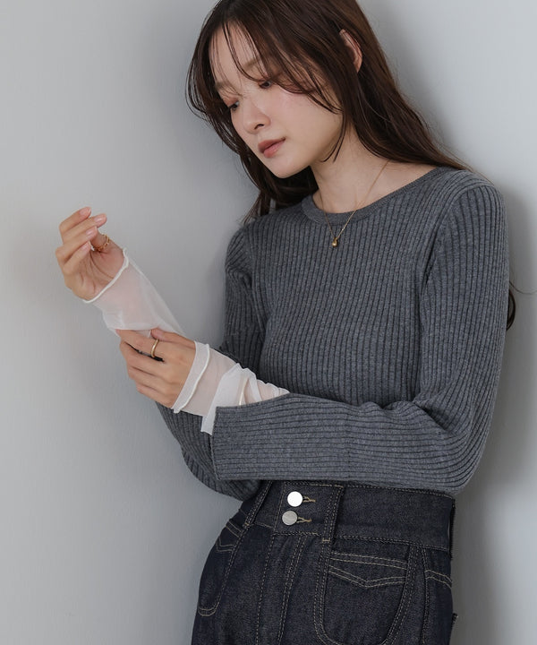 【選べるネック】チュールレイヤードリブニット