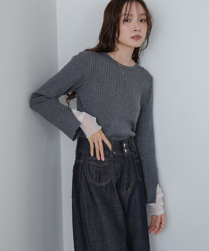 【選べるネック】チュールレイヤードリブニット