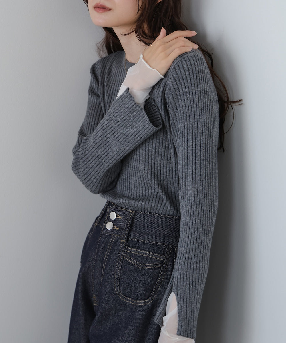 【選べるネック】チュールレイヤードリブニット