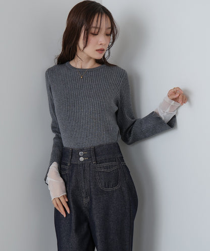 【選べるネック】チュールレイヤードリブニット