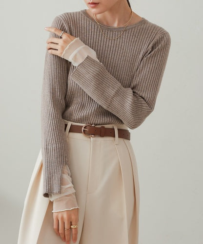 【選べるネック】チュールレイヤードリブニット