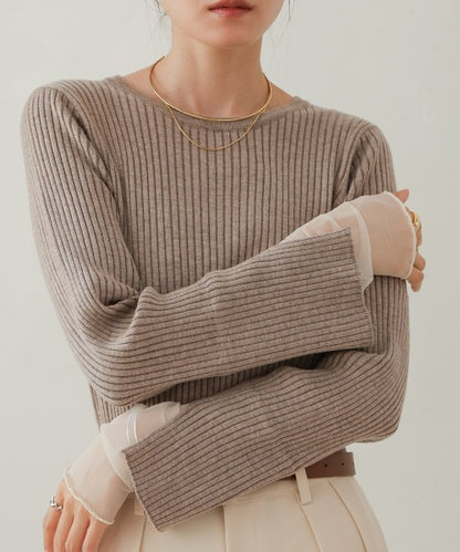 【選べるネック】チュールレイヤードリブニット